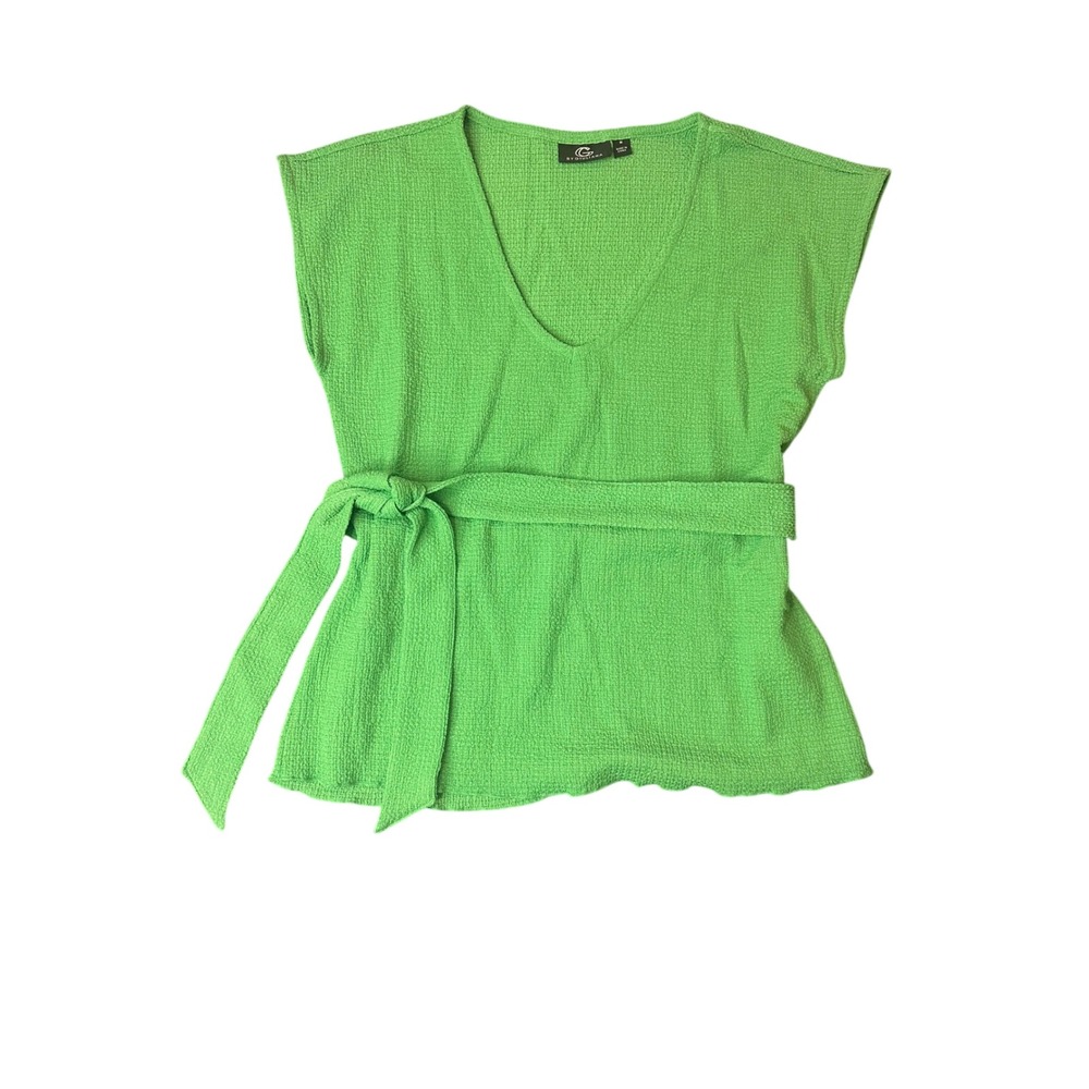 G by Giuliana Womens Green Textured V-Neck Tie Waist Short Sleeve Top Size M